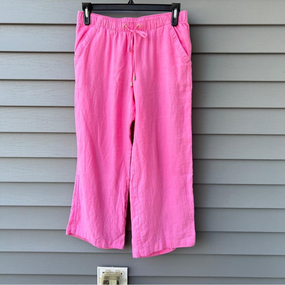 Lilly Pulitzer 31" Brawley Linen Pants cropped Size M Pink Drawstring Coastal